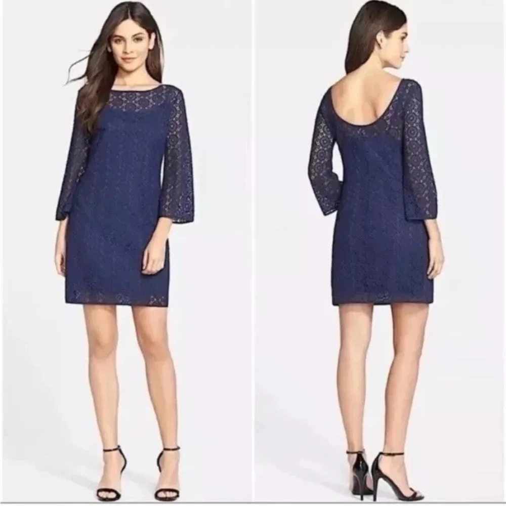 Lilly Pulitzer Topanga True Navy Blue Breakers Lace Dress Medium Bell Sleeves - Picture 13 of 13